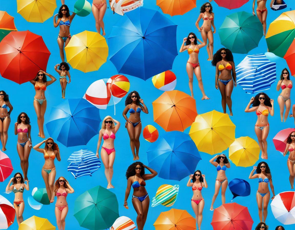 A vibrant beach scene featuring diverse women of different body types confidently wearing chic bikinis in various trendy styles. Include colorful beach umbrellas, crystal-clear ocean waves, and a bright sun in the blue sky. Add playful beach accessories like sunglasses and beach balls to enhance the fun atmosphere. super-realistic. vibrant colors. summer aesthetic.